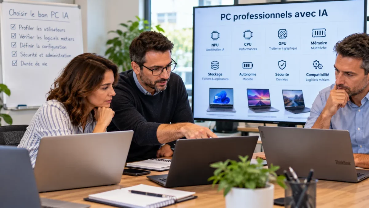 Équipe en réunion autour des PC IA