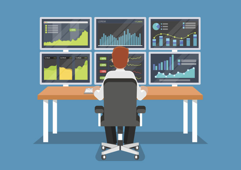 Businessman or stock market trader working at desk with six monitor showing data.