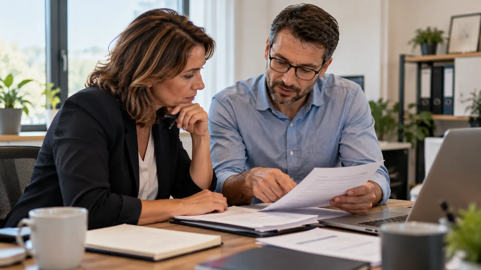 Dirigeante de PME et prestataire informatique examinant ensemble un contrat d’infogérance et les prestations prévues